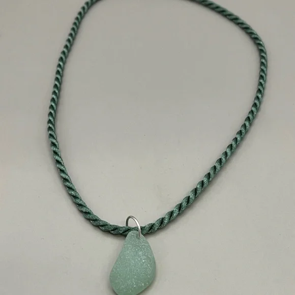 Green Sea Glass Necklace with Braided Cord - Picture 2 of 5